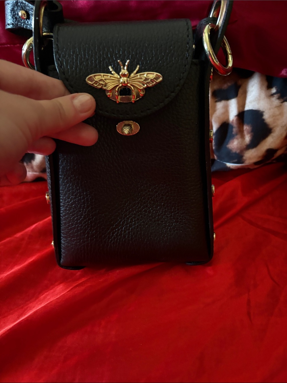 Authentic Italian Black Leather Crossbody Bag with Gold Bee Accent - Picture 3 of 7